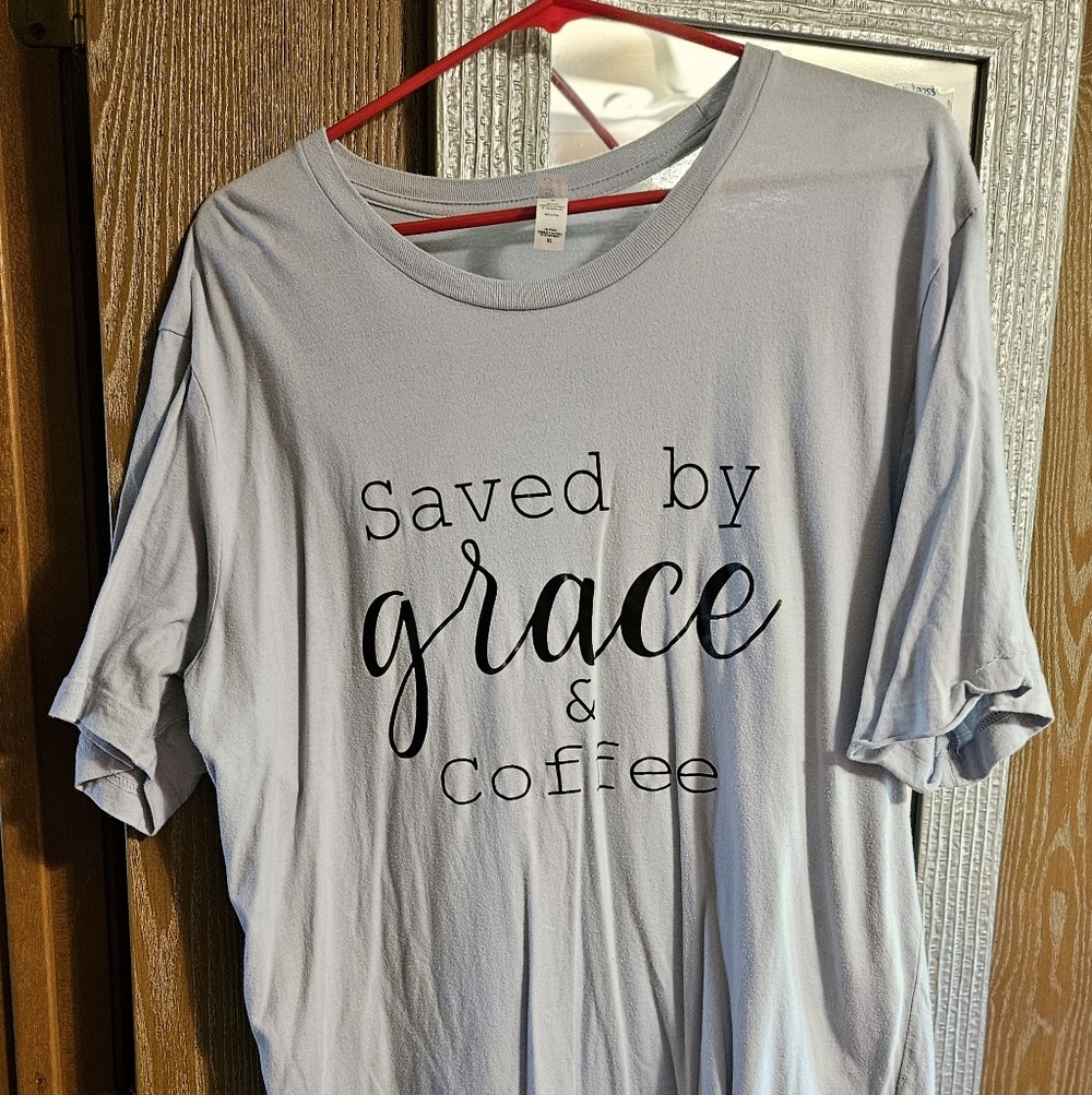 Light Blue "Saved by Grace & Coffee" Short Sleeve Tee